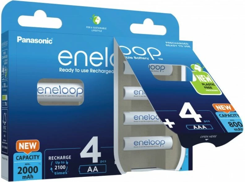 Bateri të rikarikueshme Panasonic Eneloop set 4x AA 2000mAh + 4x AAA 800mAh, të bardha
