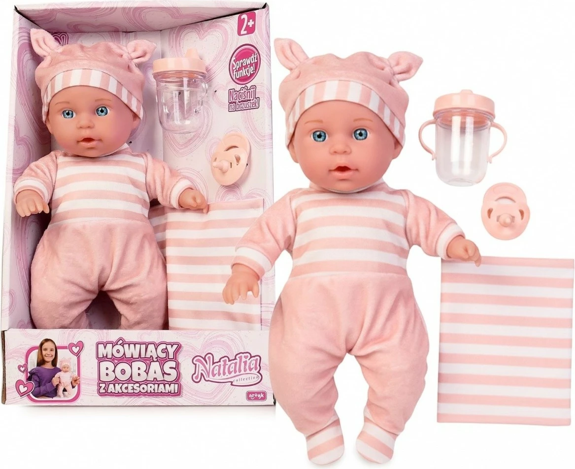 Lodër kukull bebë që flet, Natalia, 188770, 30 cm, në polonisht, me batanije, shishe dhe Biberon, rozë