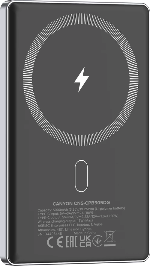 Power bank CANYON OnPower 505 5000 mAh PD 20W magnetik (MagSafe), Dark Grey