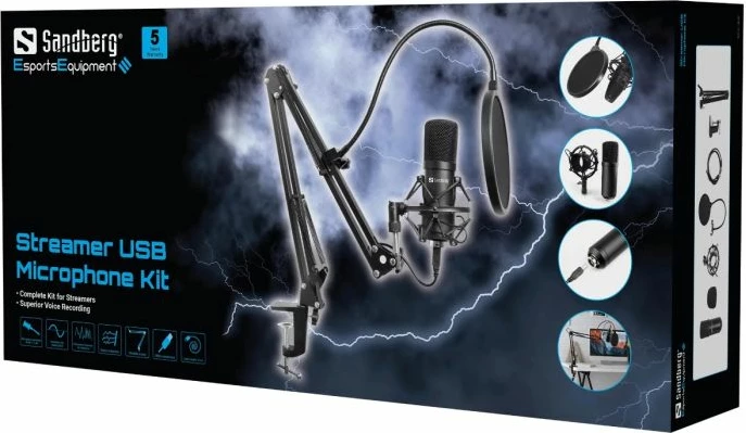 Mikrofon USB SANDBERG Streamer 126-07, cardioid 96kHz/24-bit, me krah tavoline & pop filter, i zi, set 7 pjesë