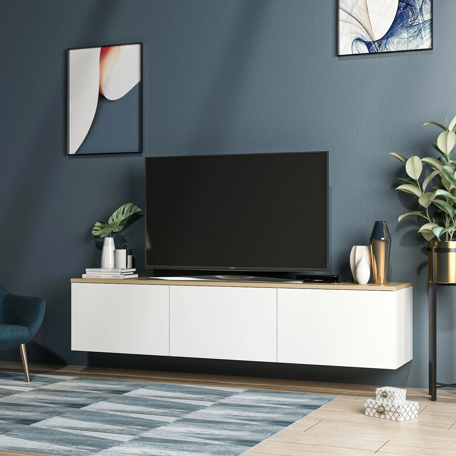 Komodë TV Skye Decor, ngjyrë neon e bardhë dhe lis