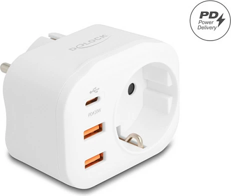 Adaptues prizë DeLOCK 11498, Type E/F në Type F, 1 prizë + 3 USB (USB-C PD 20W), i bardhë
