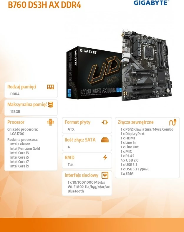 Pllakë amë Gigabyte B760 DS3H AX DDR4, Socket LGA1700, ATX
