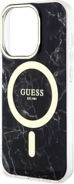 Mbështjellës Guess GUHMP14LPCUMAK për iPhone 14 Pro 6.1", MagSafe, mermer, zi