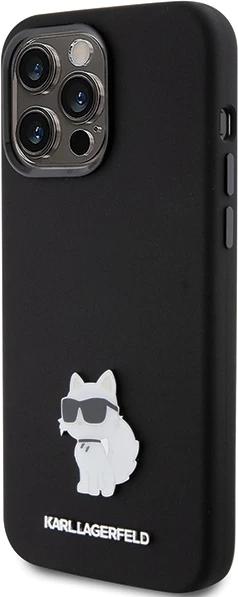 Mbështjellës Karl Lagerfeld Silicone Choupette Metal Pin për iPhone 15 Pro Max, i zi