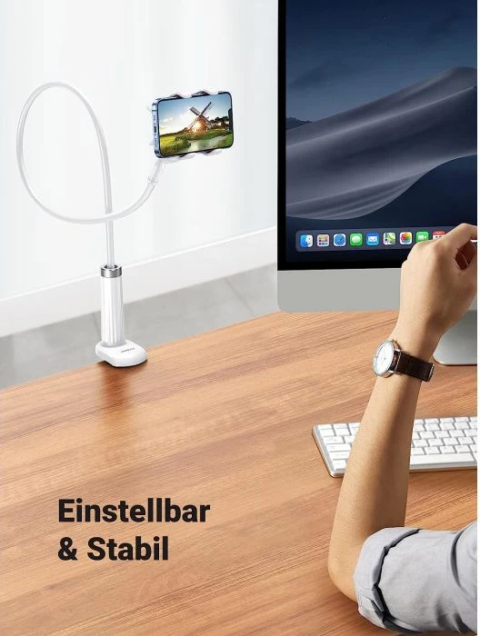 Mbajtëse fleksibile gooseneck për celular/tablet UGREEN 30488, 4-7.2", krah 90 cm, rrotullim 360°, e bardhë