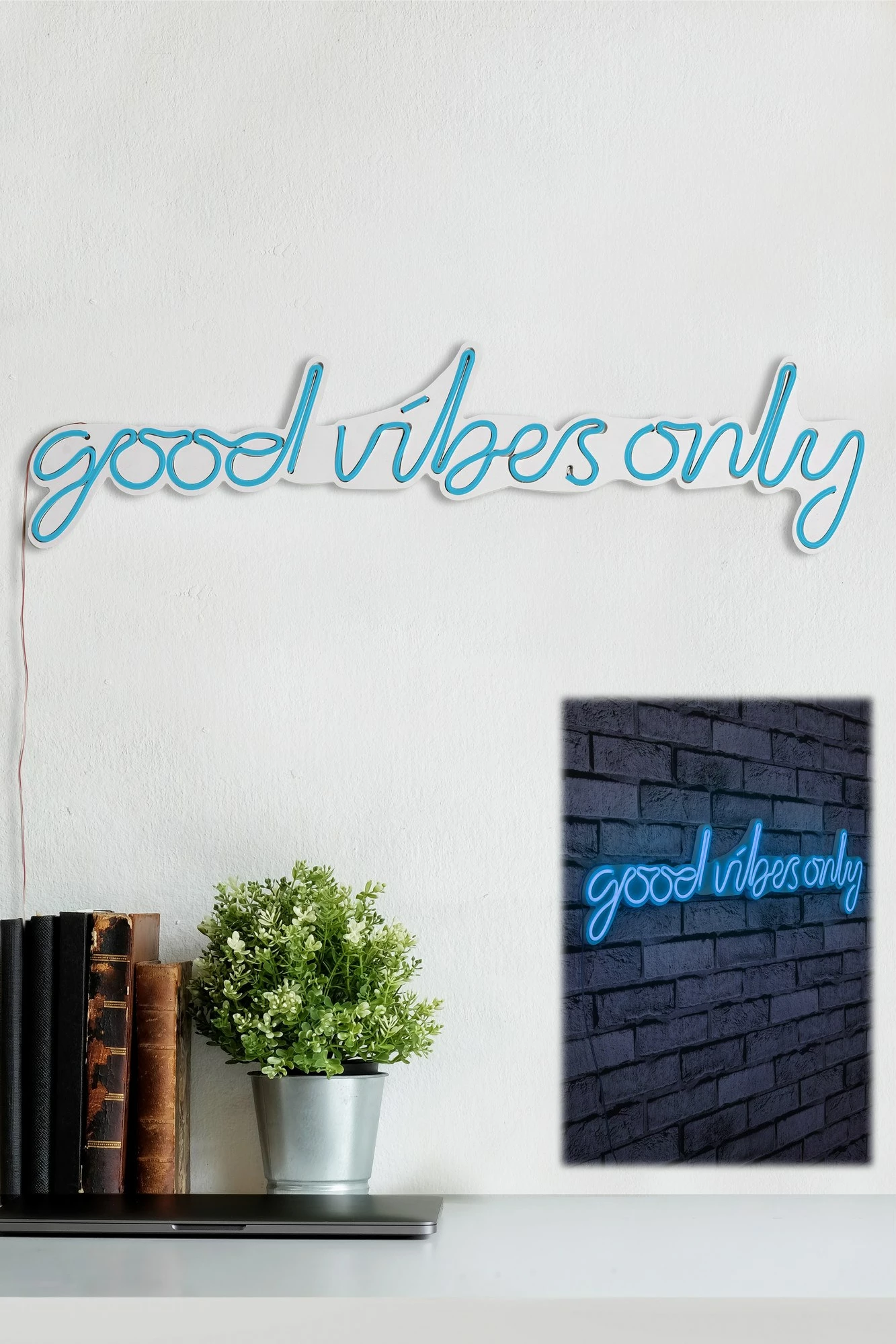 Dekor dritash LED plastike, 'Good Vibes Only', ngjyrë e kaltër