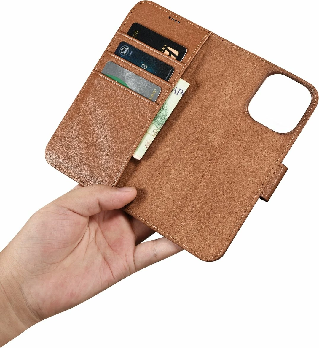 Mbështjellës iCarer Wallet Case 2in1 për iPhone 14 Pro Max, lëkurë natyrale, Anti-RFID, Kafe