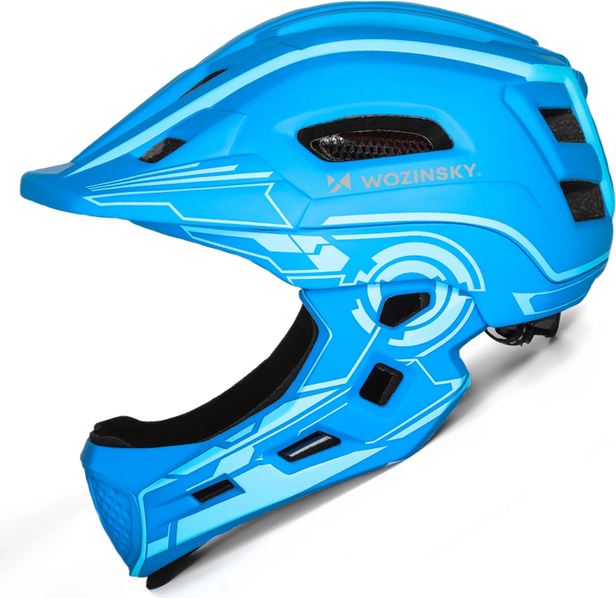 Helmetë biçiklete full-face për fëmijë, Wozinsky HT-27N, me dritë LED USB të pasme, rregullim 360°, madhësi S (52-56 cm), blu