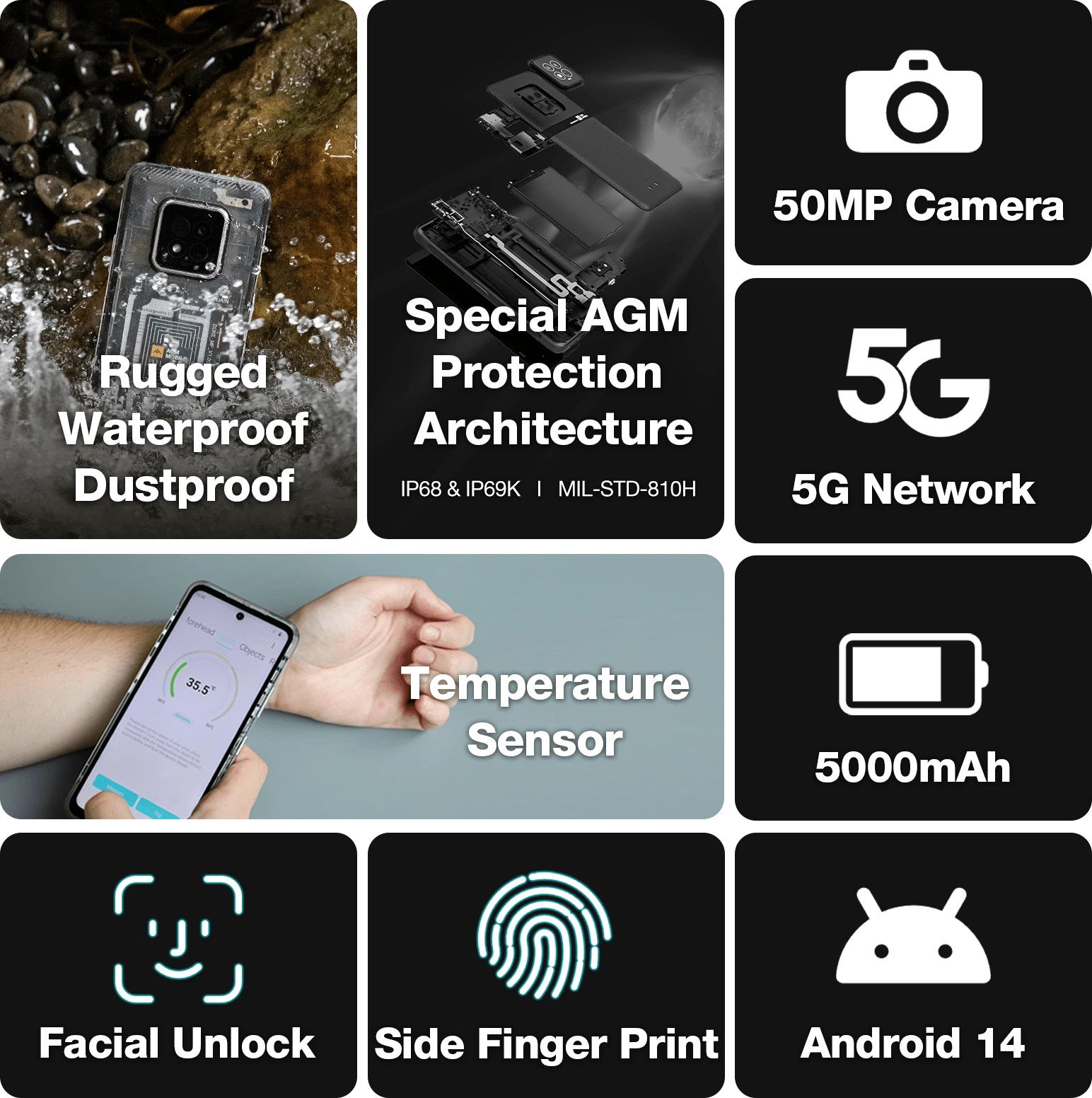 Celular AGM X6 Phantom 5G 8GB/128GB Dual SIM Android 14 6.78\" FHD+ kamerë 50MP Dual AI, i zi