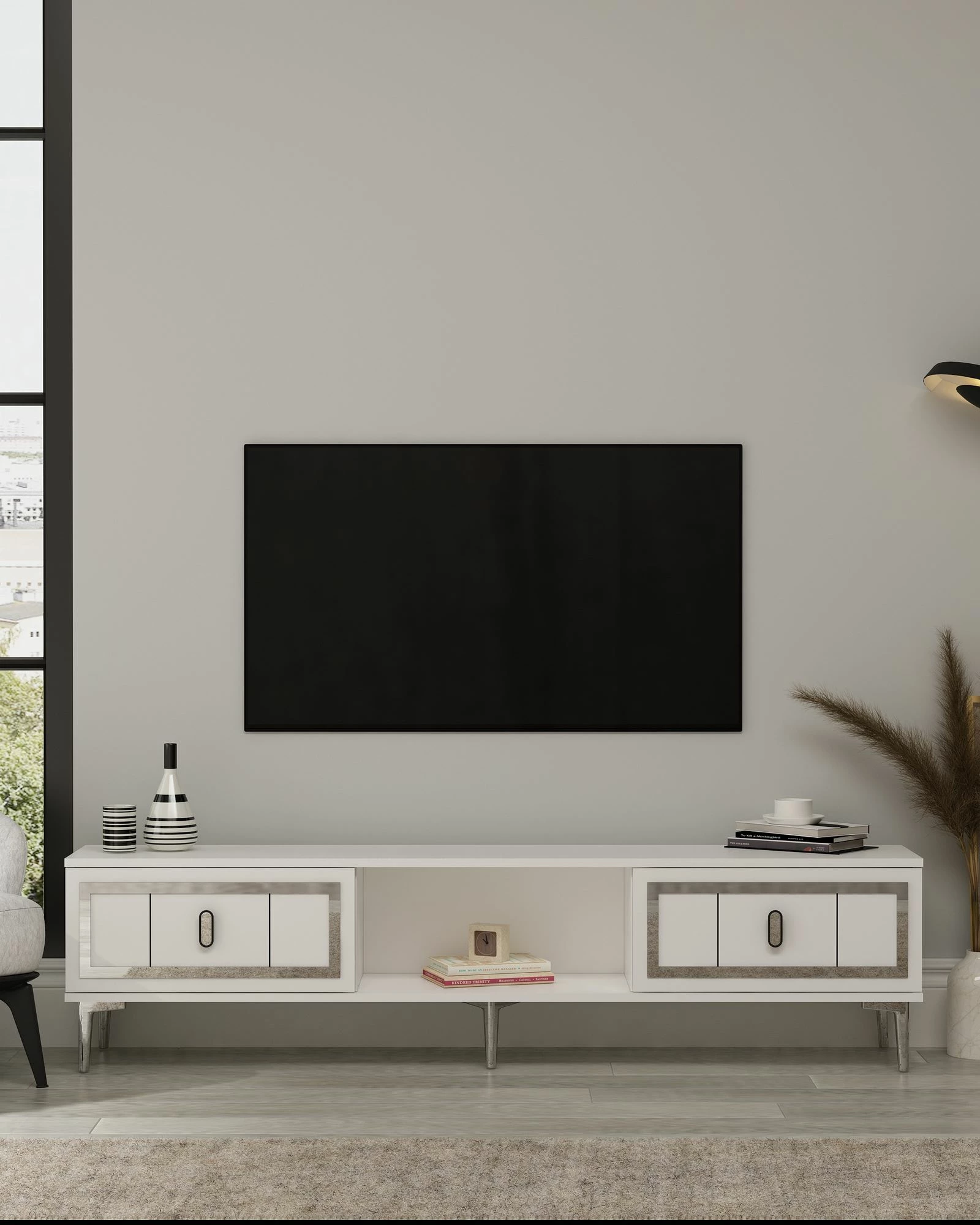 Komodë TV Skye Decor, e bardhë, argjend