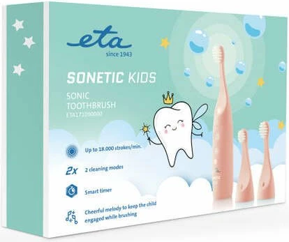 Furçë dhëmbësh elektrike sonike për fëmijë Eta Sonetic Kids II ETA171090000, 18.000 lëvizje/min, rozë, set 2 koka