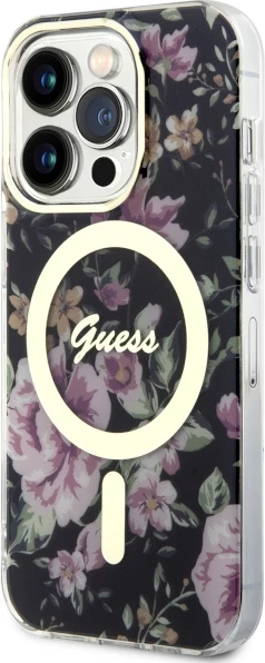 Mbështjellës Guess GUHMP14LHCFWSK për iPhone 14 Pro 6.1", Flower MagSafe, zi