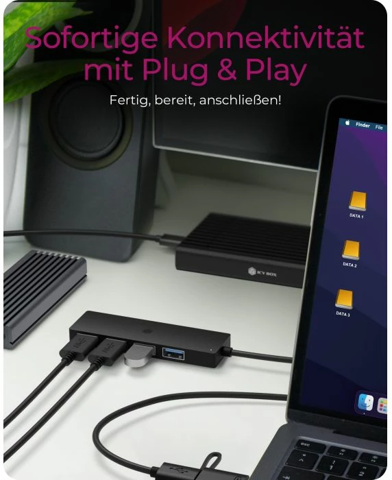 hub USB ICYBOX IB-HUB1424-C3, 4-port, USB 3.2 Gen 1, lidhje USB-C/USB-A, kabllo 62 cm, 5 Gbit/s, i zi