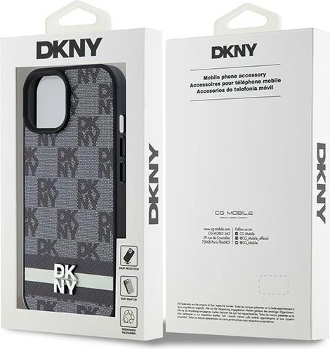 Mbështjellës DKNY Leather Checkered Mono Pattern & Printed Stripes për iPhone 15 Plus / 14 Plus, e zezë