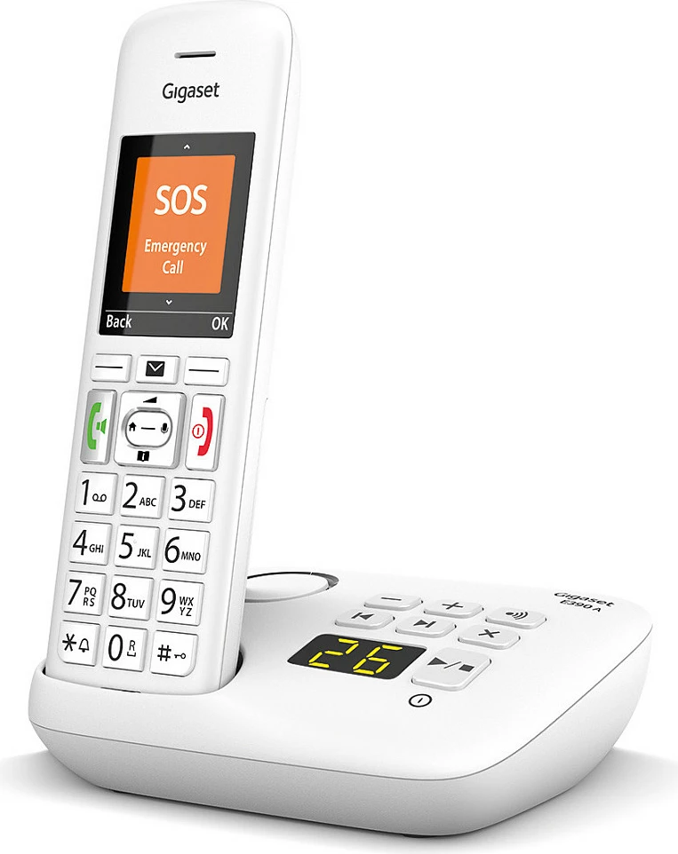 Telefon pa tela Gigaset E390A, DECT, sekretari telefonik 30 min, 200 kontakte, SOS, i bardhë