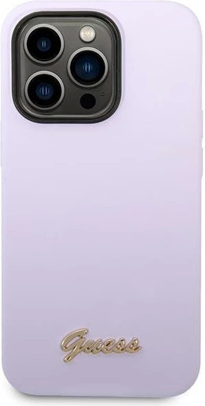 Mbështjellës Guess GUHCP14LSLSMU për iPhone 14 Pro 6.1", silikon, Vintage Gold Logo, vjollcë