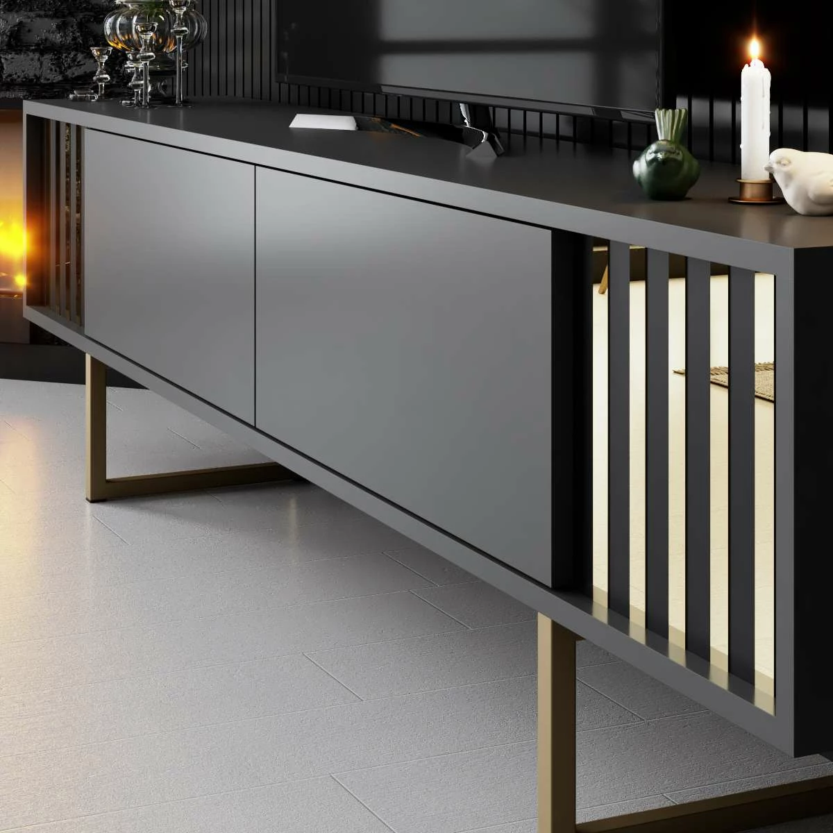 Komodë TV Hanah Home, Gold Line, antracit, ari