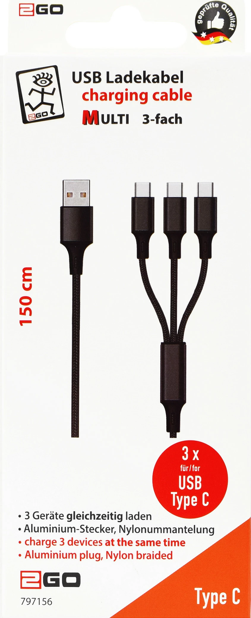 Kabllo karikimi 2GO 797156, USB në 3x USB-C, 1.5 m, 3A, e zezë