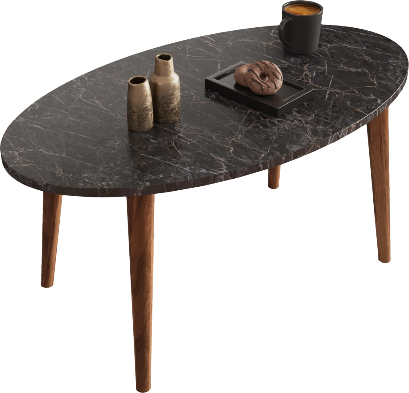 Set tavolinash kafeje dhe 3 tavolina anësore VITAL FH18180.02 melaminë, ngjyrë mermeri të zi, këmbë druri ngjyrë arre