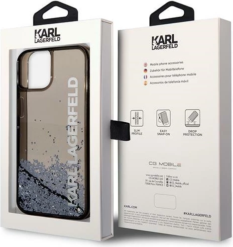 Mbështjellës Karl Lagerfeld Liquid Glitter Elong për iPhone 14, 6.1", i zi