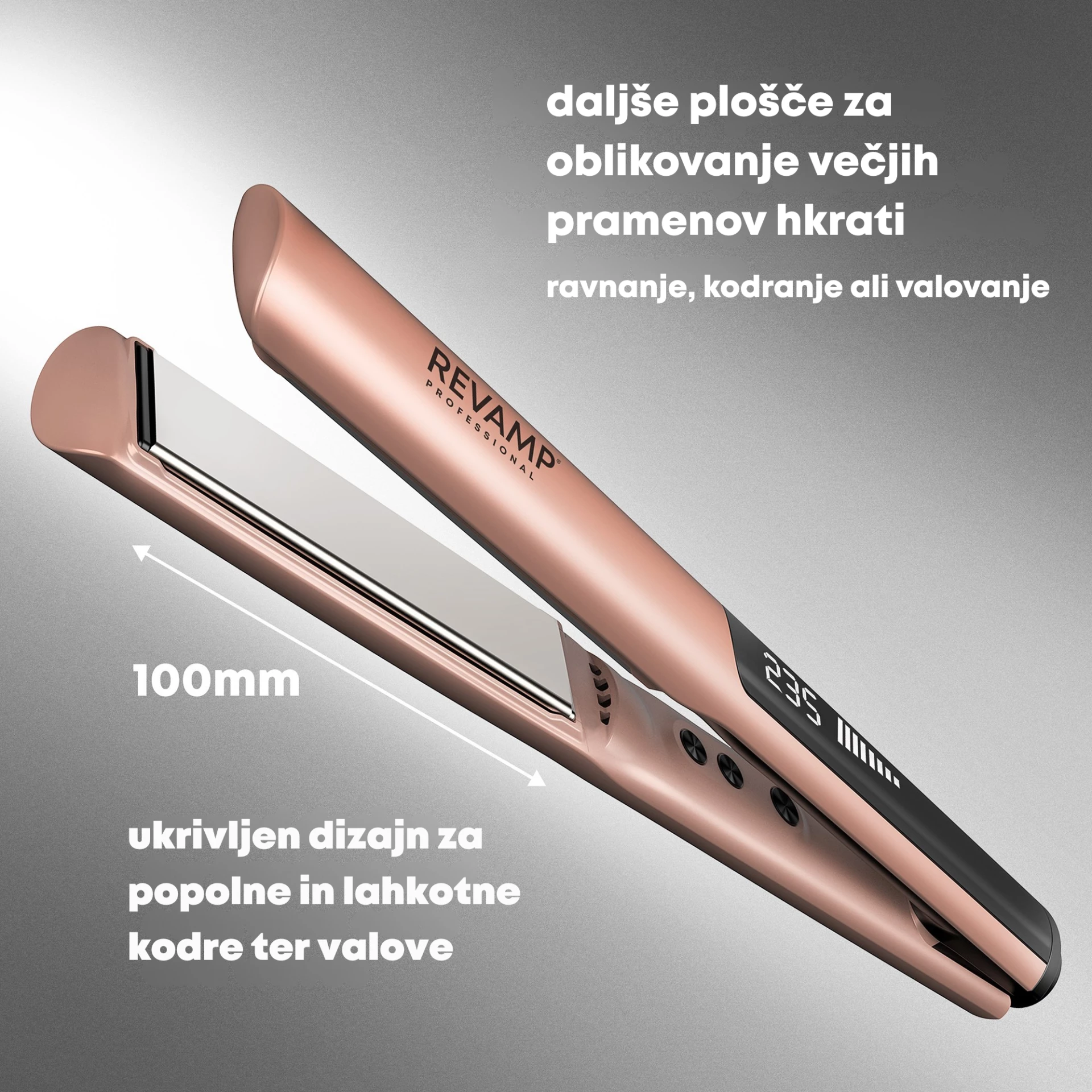 Hekur për drejtim flokësh Revamp Dynamic Radiance Straight & Style ST-1900GD, pllaka qeramike jonike 100 mm, 150–235°C, Ari