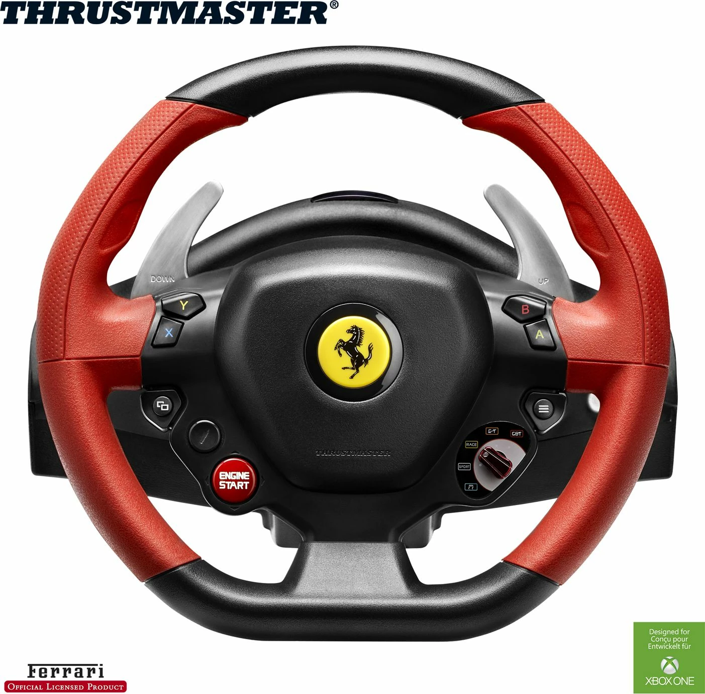 Timoni gaming Thrustmaster F458 Spider 4460105, për Xbox One/Xbox Series X|S, 28 cm, 240°, me pedale, me kabllo 3 m, zi/kuqe, set