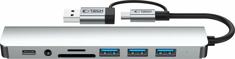 HUB adapter Tech-Protect HB06 8-në-1, Type-C + USB2.0 + USB3.0 + SD/TF + AV3.5, Gri