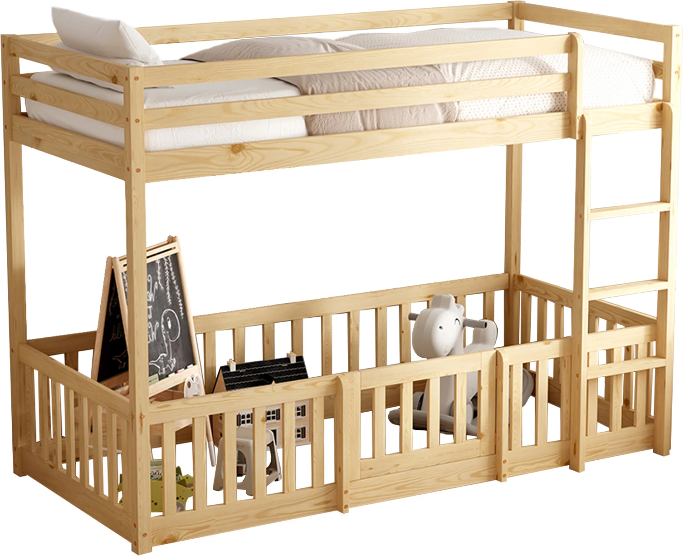 Krevat marinari për fëmijë Montessori PLAYKID me park lojërash, dru pishe natyral, FH703.01, 190x90cm