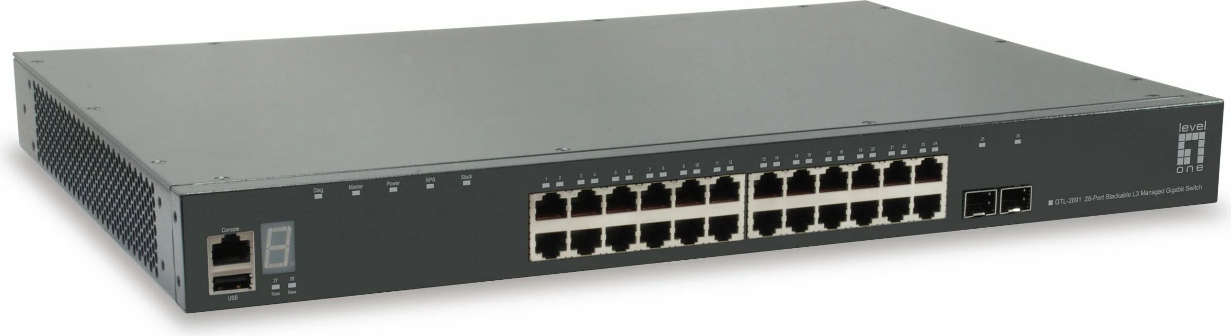 Switch LevelOne KILBY 28-Port Stackable L3 Managed Gigabit, 2 x 10GbE SFP+, 1 x 10GbE Module Slot, i menaxhuar, L3, Gigabit Ethernet, montim në rack