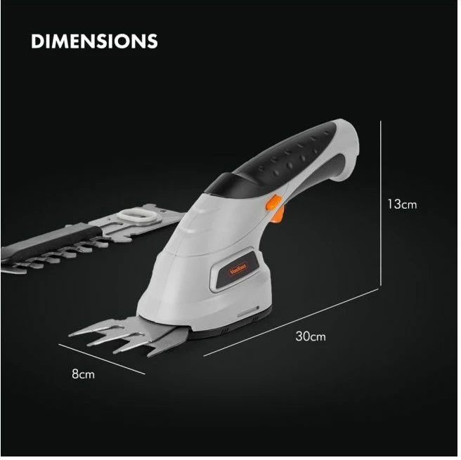 Trimmer pa kabllo 2-në-1 VONHAUS 2500259, 3.6V Li-ion, teh 10 cm + gërshërë bari 7 cm, adaptor UK/EU, gri/zi/portokalli