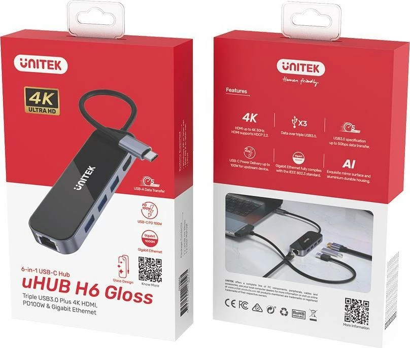 Hub USB-C Unitek D1084A 6-në-1 HDMI, 3x USB-A 3.1, USB-C PD, Gigabit Ethernet, i zi