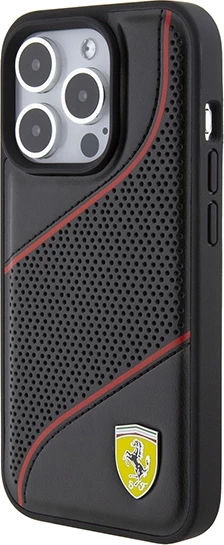 Mbështjellës Ferrari Perforated Waves Metal Logo për iPhone 15 Pro, i zi