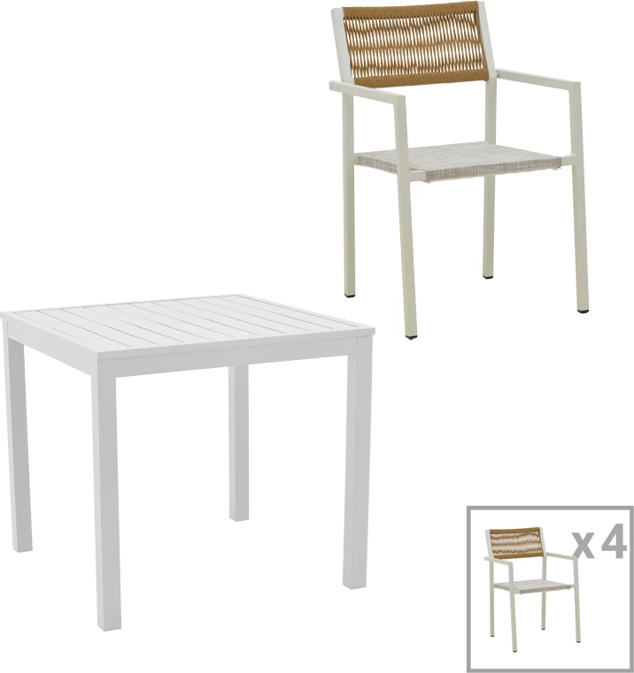 Set tavolinë me karrige Savor-Kliton, alumin i bardhë dhe ratan natyral, 80x80x74cm, 5 copë