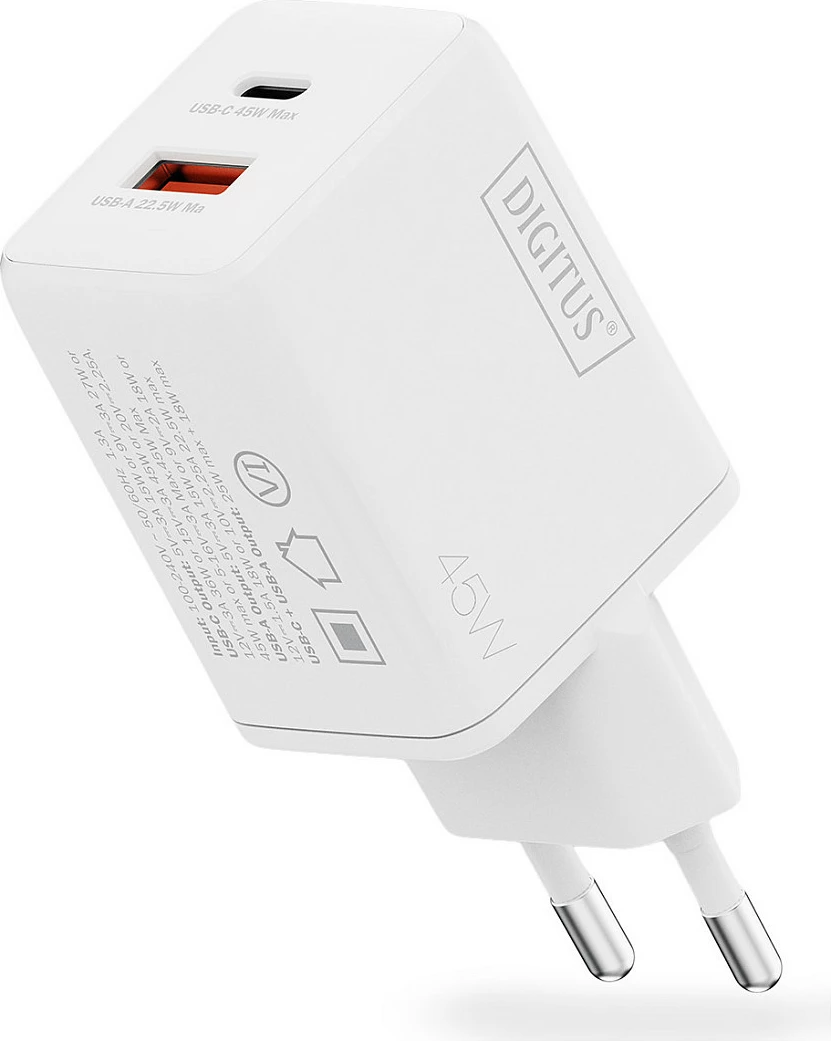 Karikues muri Digitus USB GaN 45W, 1x USB-C, 1x USB-A, i bardhë