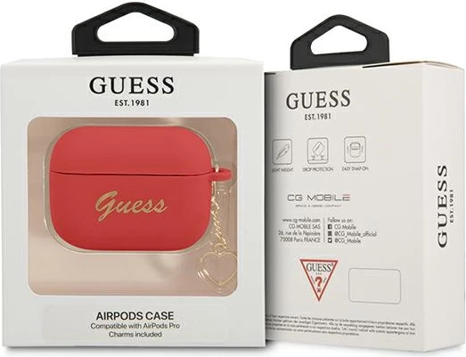 Mbështjellës Guess për AirPods Pro, Charm Heart Collection, silikon, kuqe