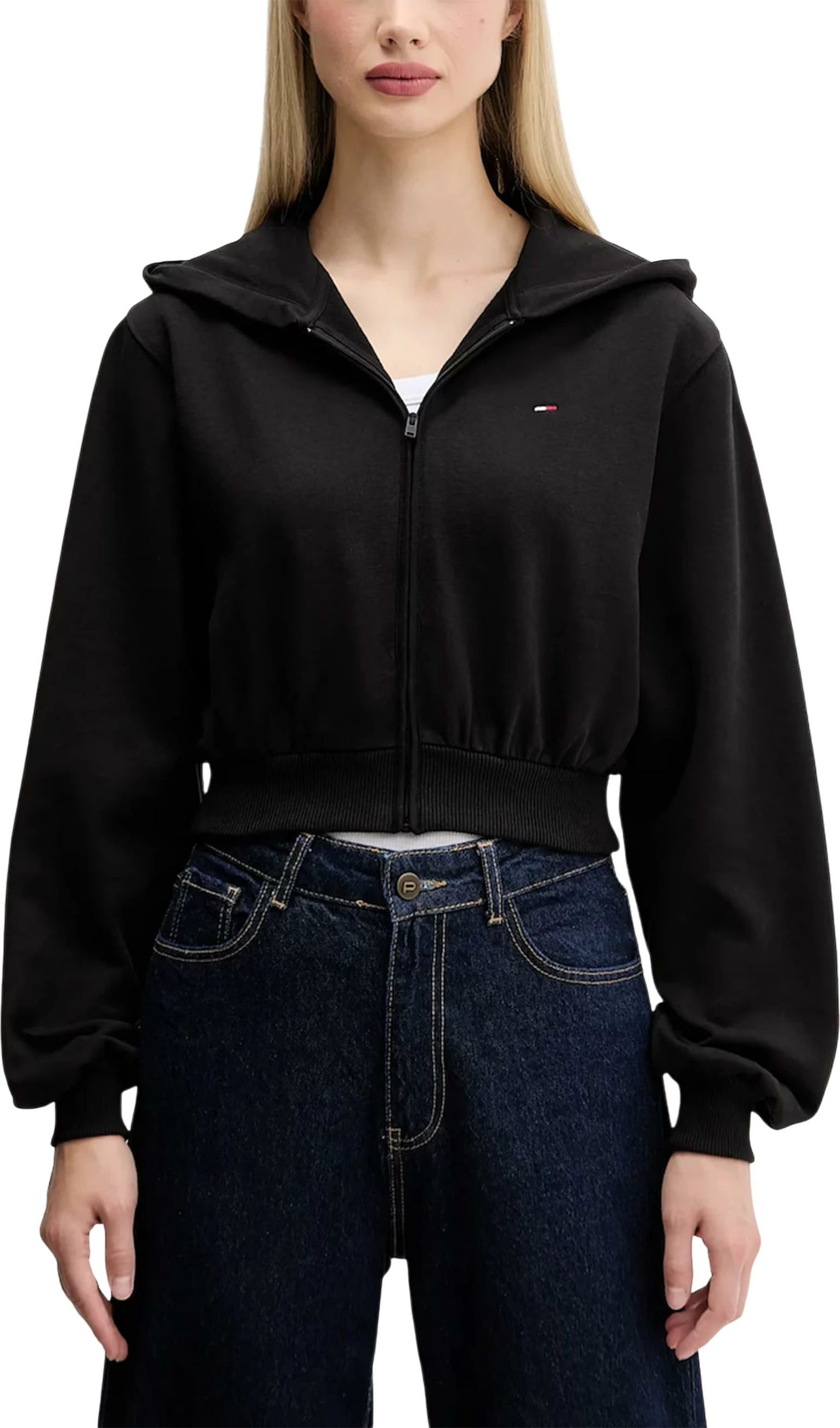 Duks i shkurtë me zinxhir për femra Tommy Hilfiger Jeans TJW RLX CRP S-FLAG Z DW0DW21590, i zi