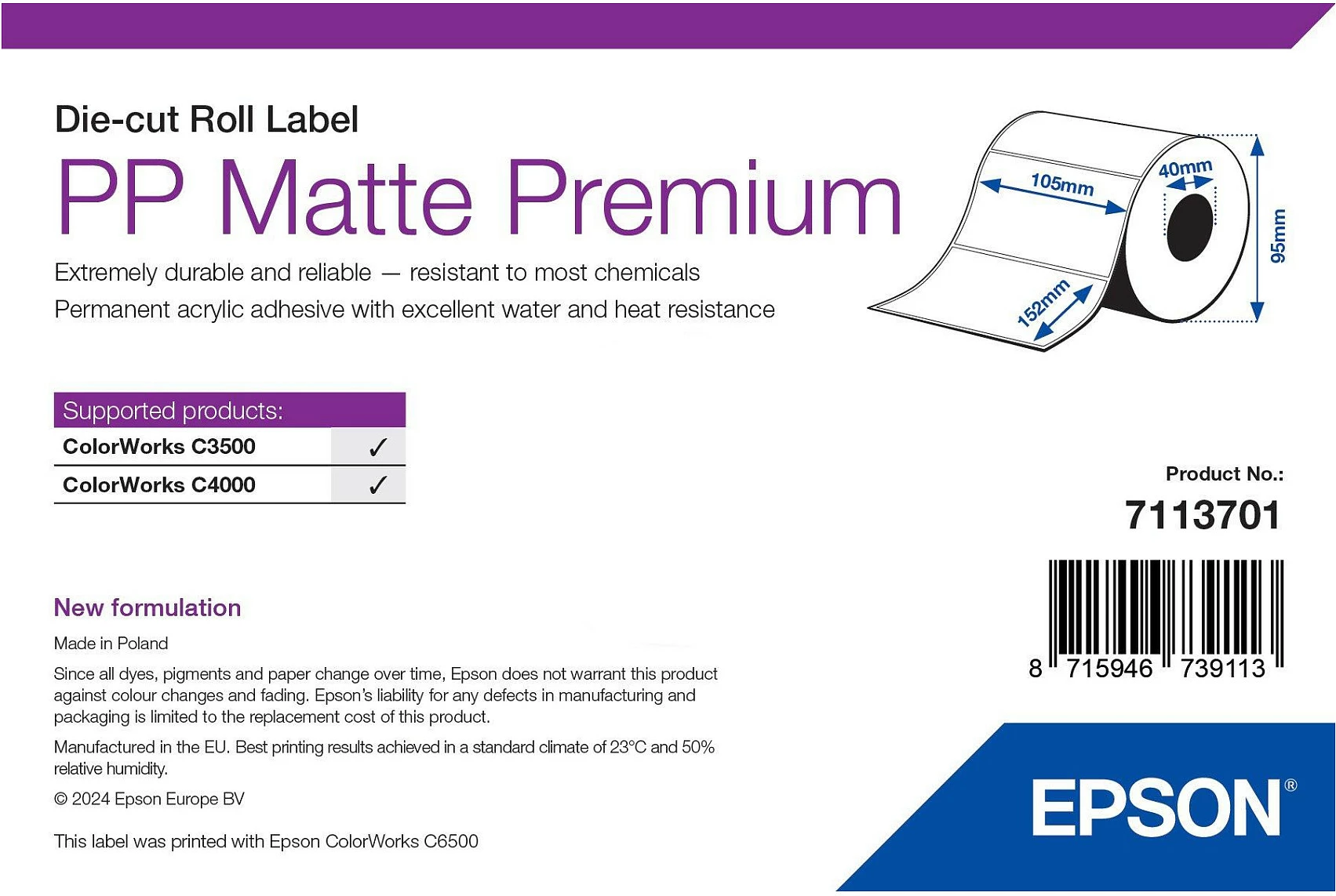 Etiketa rrotull Epson PP Matte Premium 7113701, 105 x 60 mm, e bardhë matte