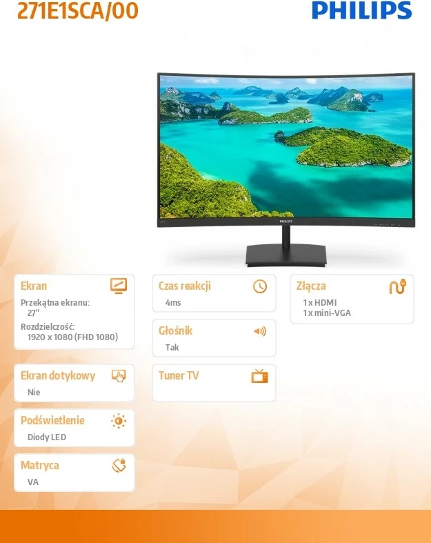 Monitor Philips 271E1SCA/00, 27", VA, FHD, i lakuar, HDMI, FreeSync, i zi
