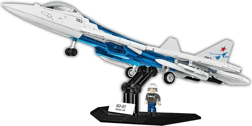 Set blloqe ndërtimi, Cobi, COBI-5909 SU-57 Felon 1:48, 928 copa, me figurë piloti dhe bazë ekspozimi, plastikë, kamuflazh blu-bardhë