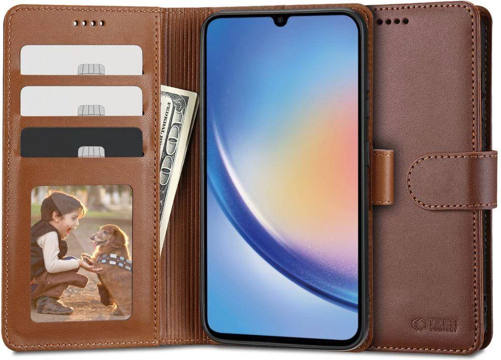 Mbështjellës portofol lëkure ONASI Wallet për Samsung Galaxy A14, me palosje, me magnet, me stand, kafe