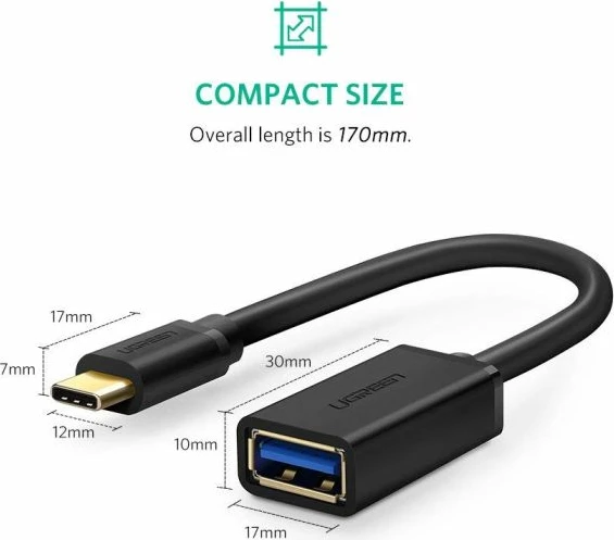 Kabllo OTG USB-C (M) në USB 3.0 (F) UGREEN 30701 5Gb/s, e zezë, polybag