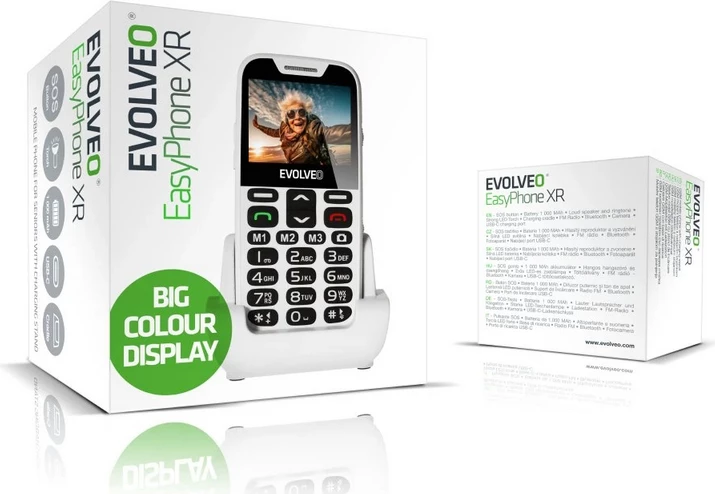 Telefon me butona Evolveo Easyphone XR (MPN 23351), ekran me ngjyra, buton SOS, USB-C, me stacion karikimi, e bardhë