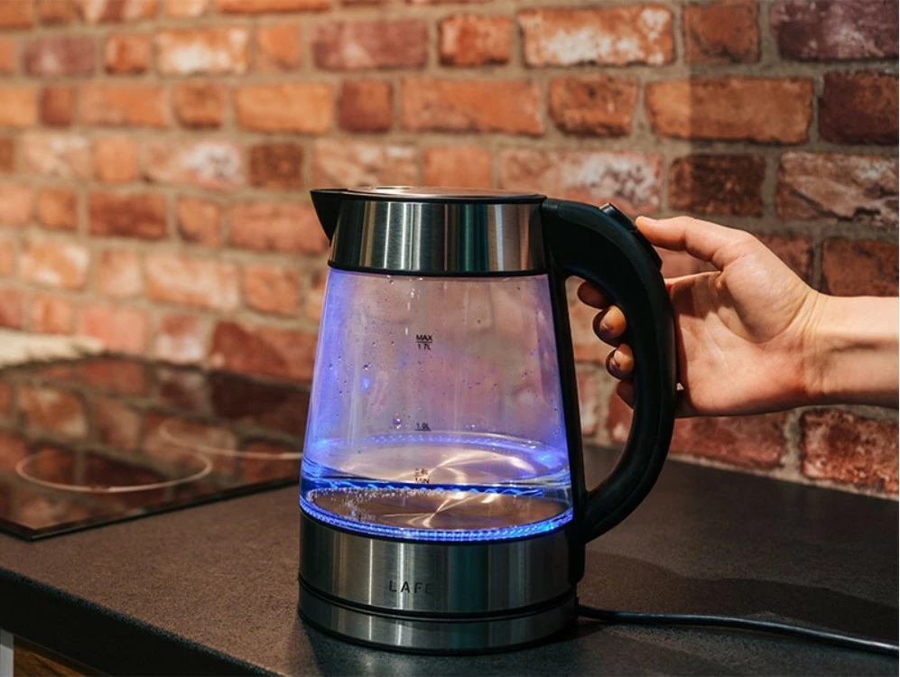 Zierës uji elektrik, Lafe, LAFCZA47618, 1.7 L, 2200 W, xhami, bazë 360°, me ndriçim, e zezë/çelik/transparente