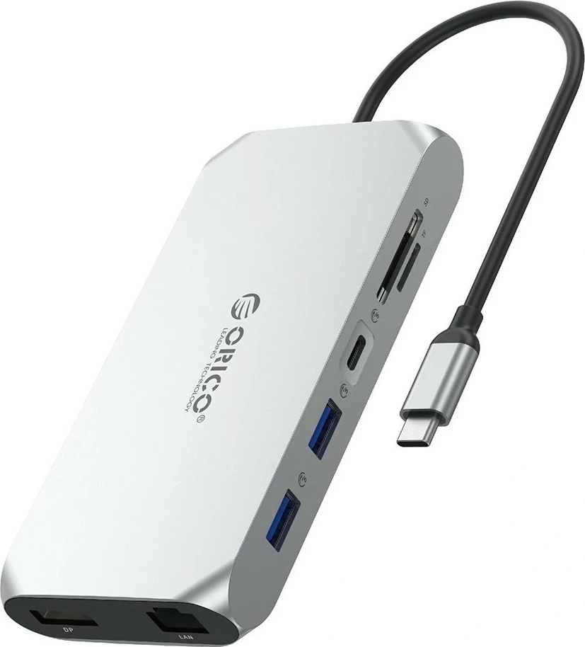 Hub Orico USB-C 12w1 XCR-X33, 2x HDMI 4K, DP, RJ45, SD/microSD, 100W PD, argjendtë