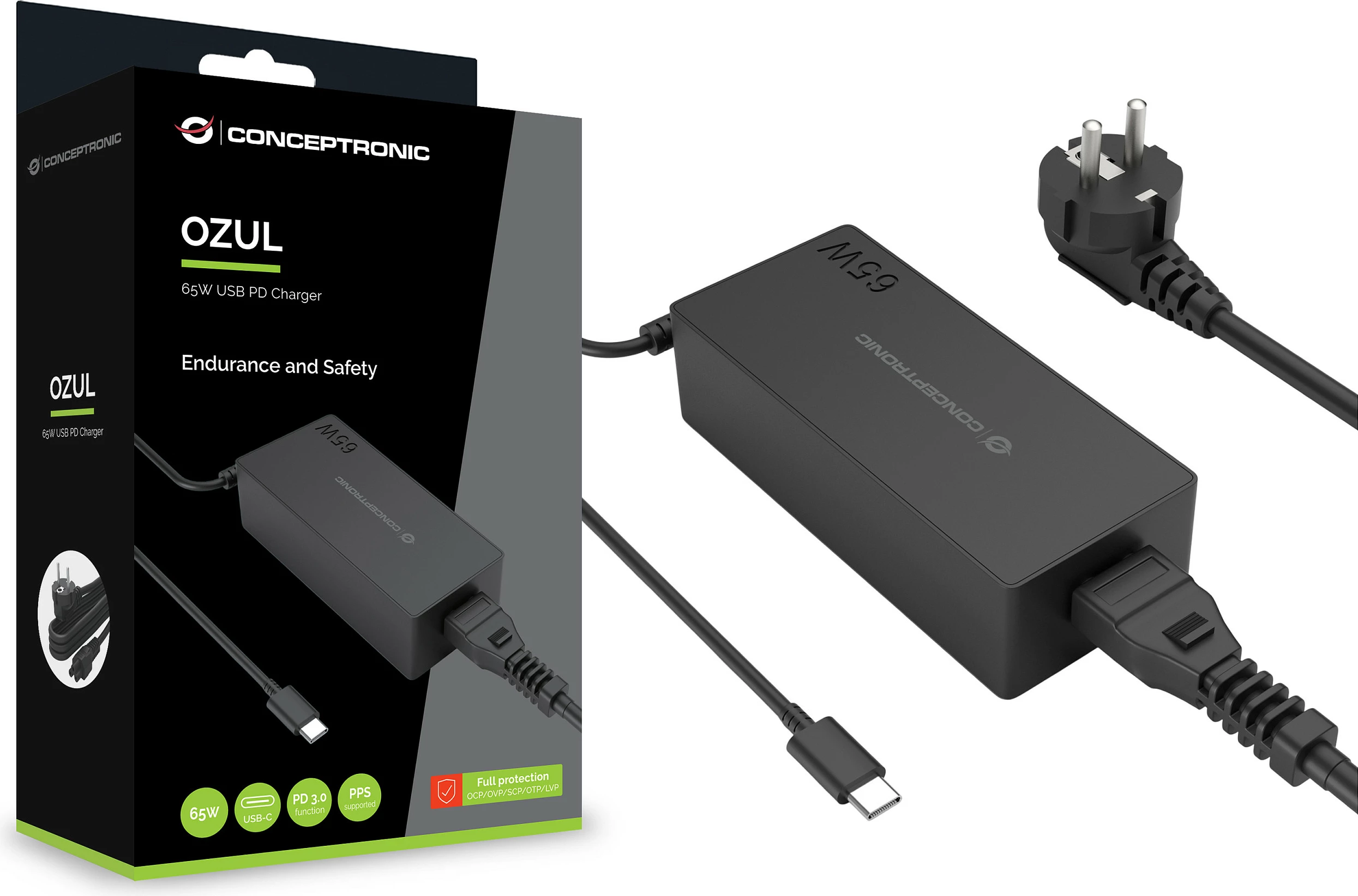 Karikues Conceptronic GaN USB-C 65W PD 3.0/PPS, kabllo 1.2m, i zi