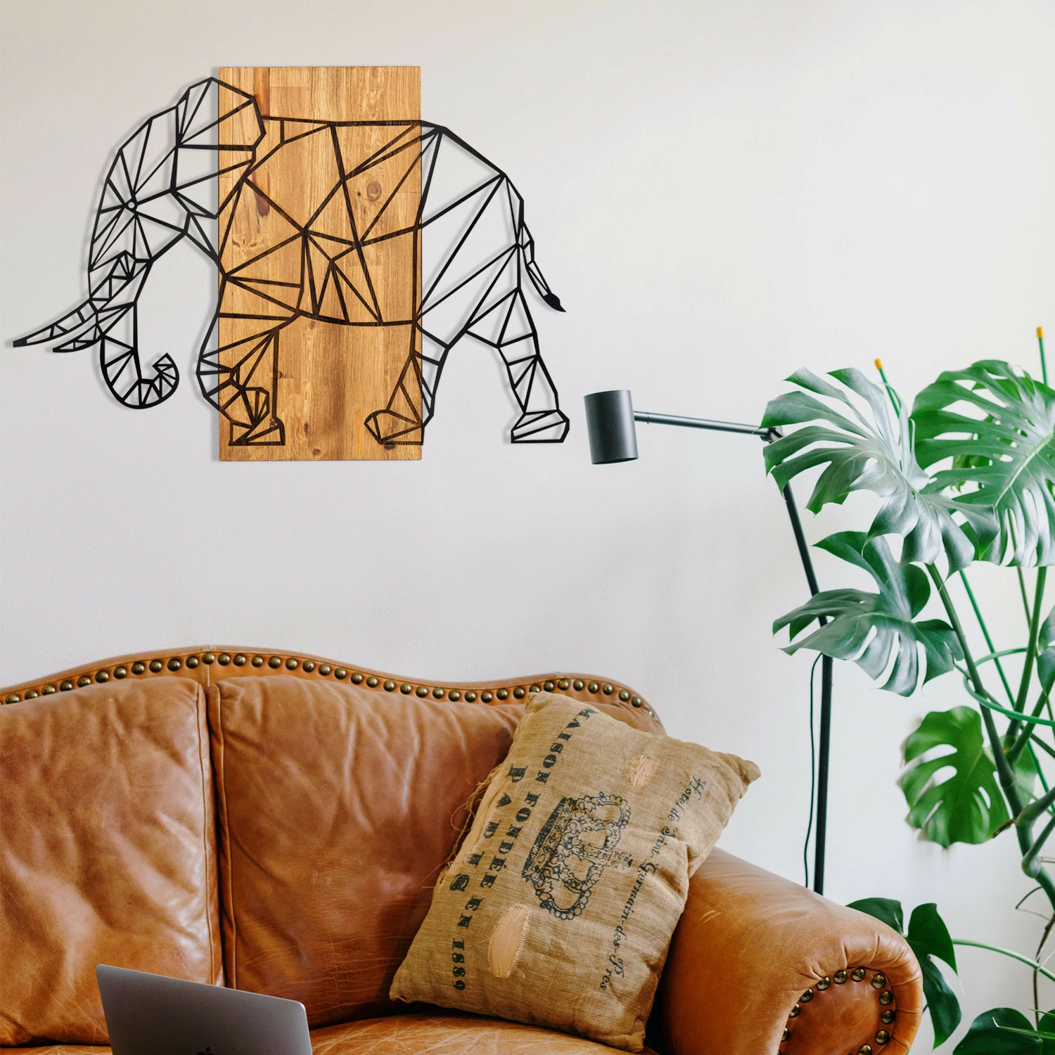 Aksesor dekorativ për mur, dru dhe metal, elefant, Wallity, ngjyrë e zezë dhe arre, 82x58cm