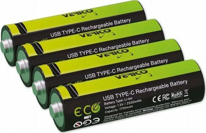 Bateri rikarikueshme Verico LoopEnergy AA2550, AA/R6, 1.5V, 1700mAh, USB-C, set 4 copë