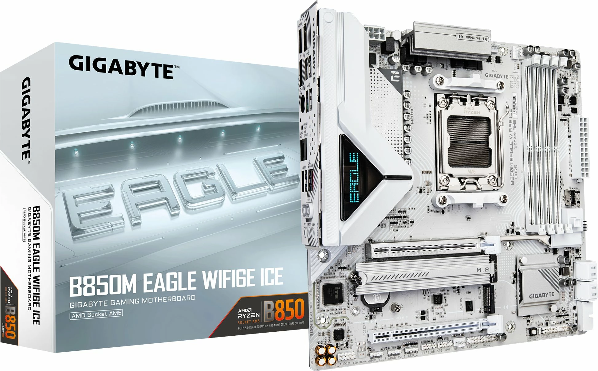 Pllakë amë Gigabyte B850M EAGLE WIFI6E ICE, Micro ATX, AM5, DDR5 deri 256GB, Wi‑Fi 6E, e bardhë