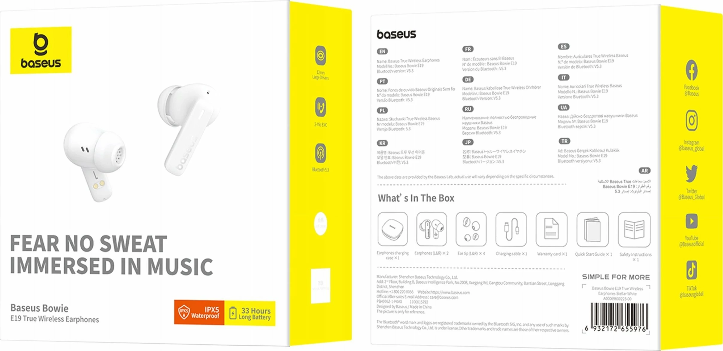 Kufje wireless Baseus Bowie E19 TWS in-ear, Bluetooth 5.3, 33 orë, IPX5, USB‑C, të bardha